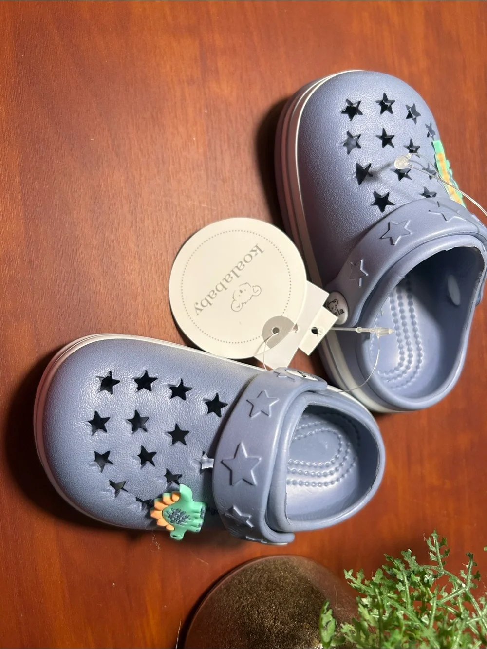 Koala Kids Light blue Star Clogs with Green and Yellow Dinosaur Charms